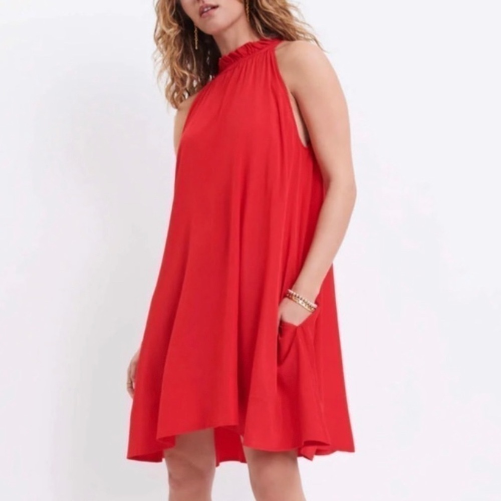 Mersea Red Swing Dress Sleeveless High Neck A-Line Pockets Endless Summer Chic